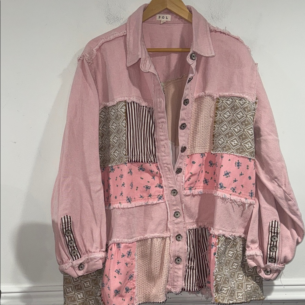 POL Pink jacket Patchwork boho raw hem floral denim jean button up boutique - Picture 7 of 7